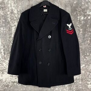 US Navy Size 42S Military Issue Wool Double Breasted Pea Coat Black Long Sleeve